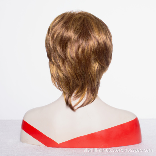Wholesale natural  stort mix golden and  brown fibre synthetic hair wigs for women